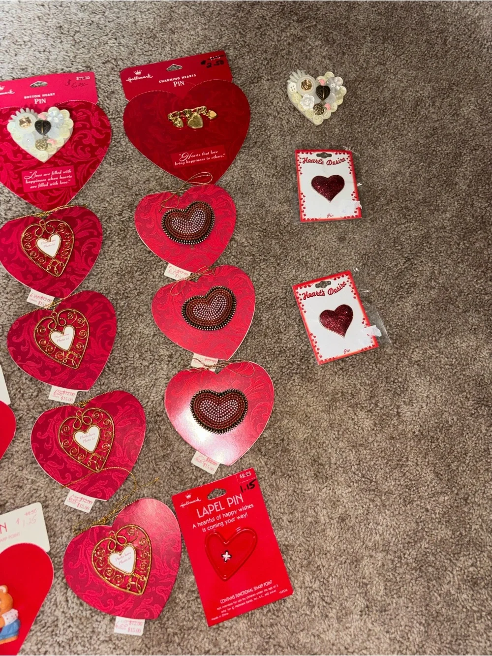 VINTAGE lot 19 Hallmark pins and 2 other Red Heart Favor Pins and Embellishments